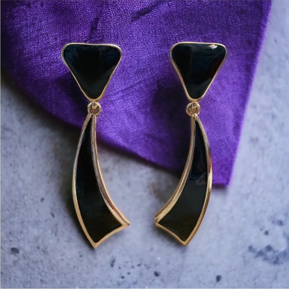 Vintage Statement Classic Black Gold Mini DI N 1985 Dangle Pierced Earrings